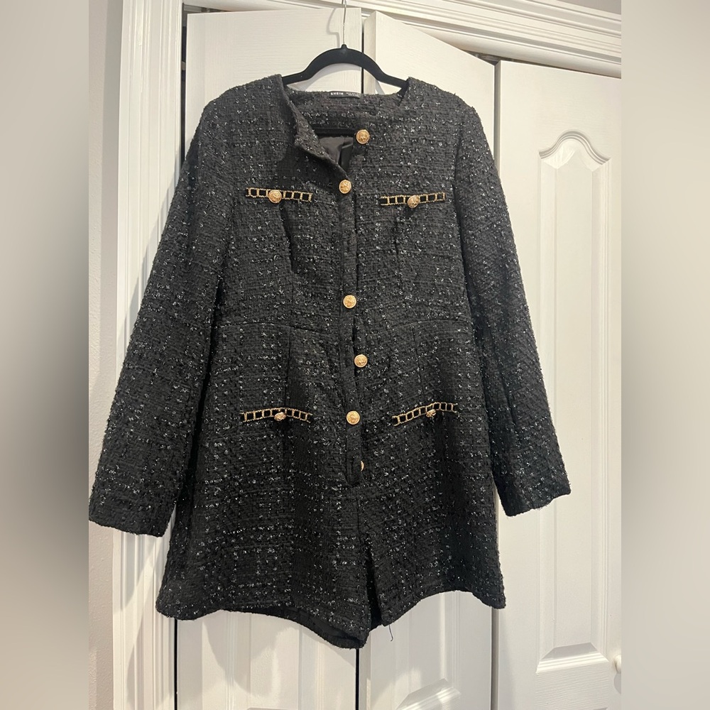 Black Tweed romper with Gold accents
